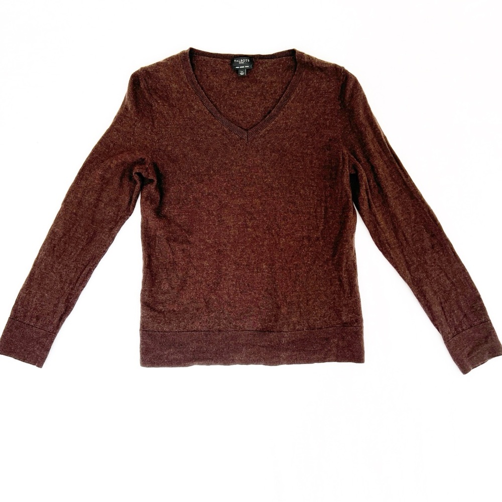 Talbots Petites Chocolate Brown V-Neck Sweater Large Petites 100% Merino Wool